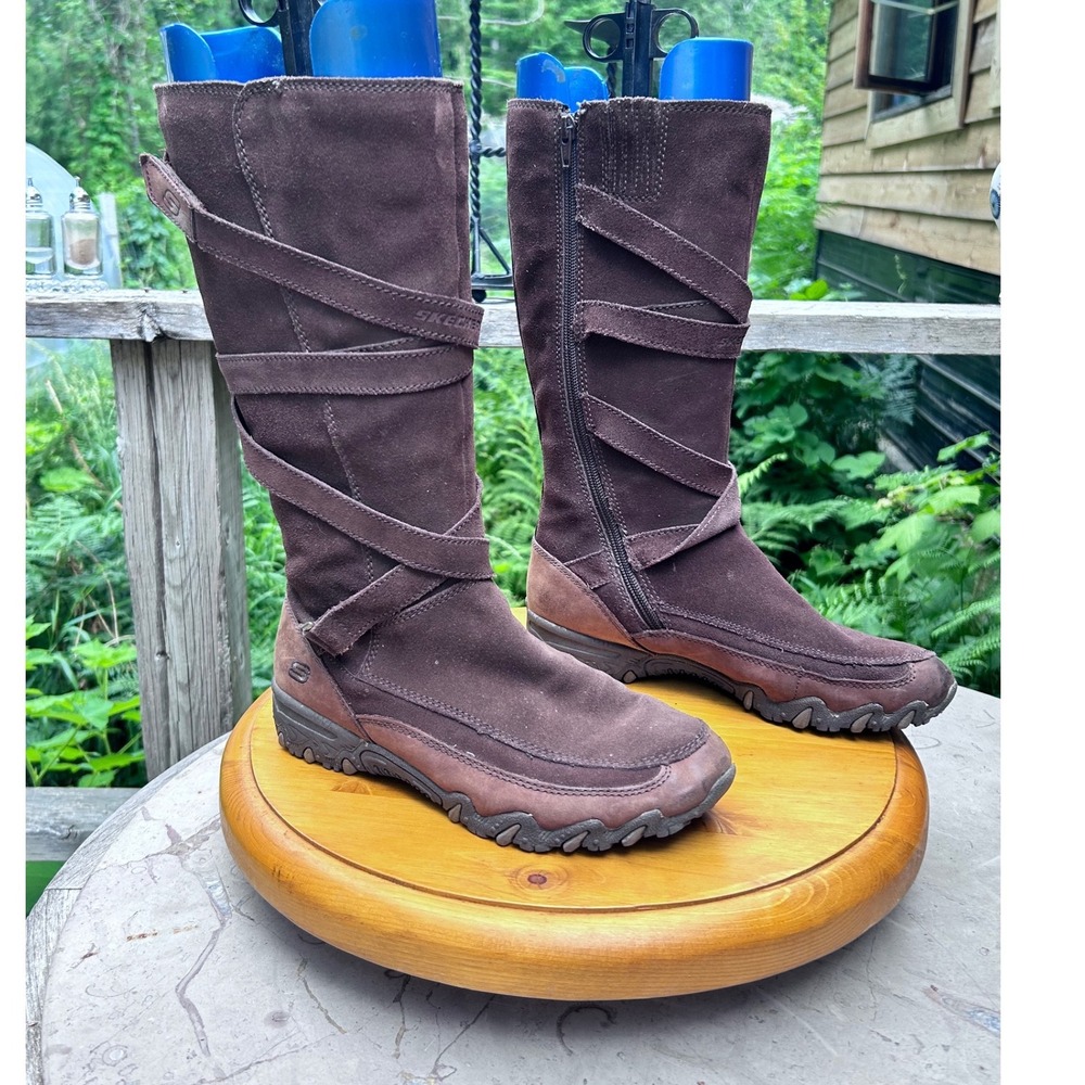 Vintage Suede Knee High Boots Women Sz 8.5 Brown Moto Strappy Skechers Boho Y2K